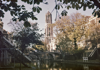 831837 Gezicht op de Domtoren te Utrecht vanaf de werf langs de Oudegracht.